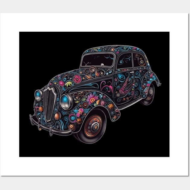 Car - an old retro car painted with psychedelic shapes and colors Wall Art by ORENOB